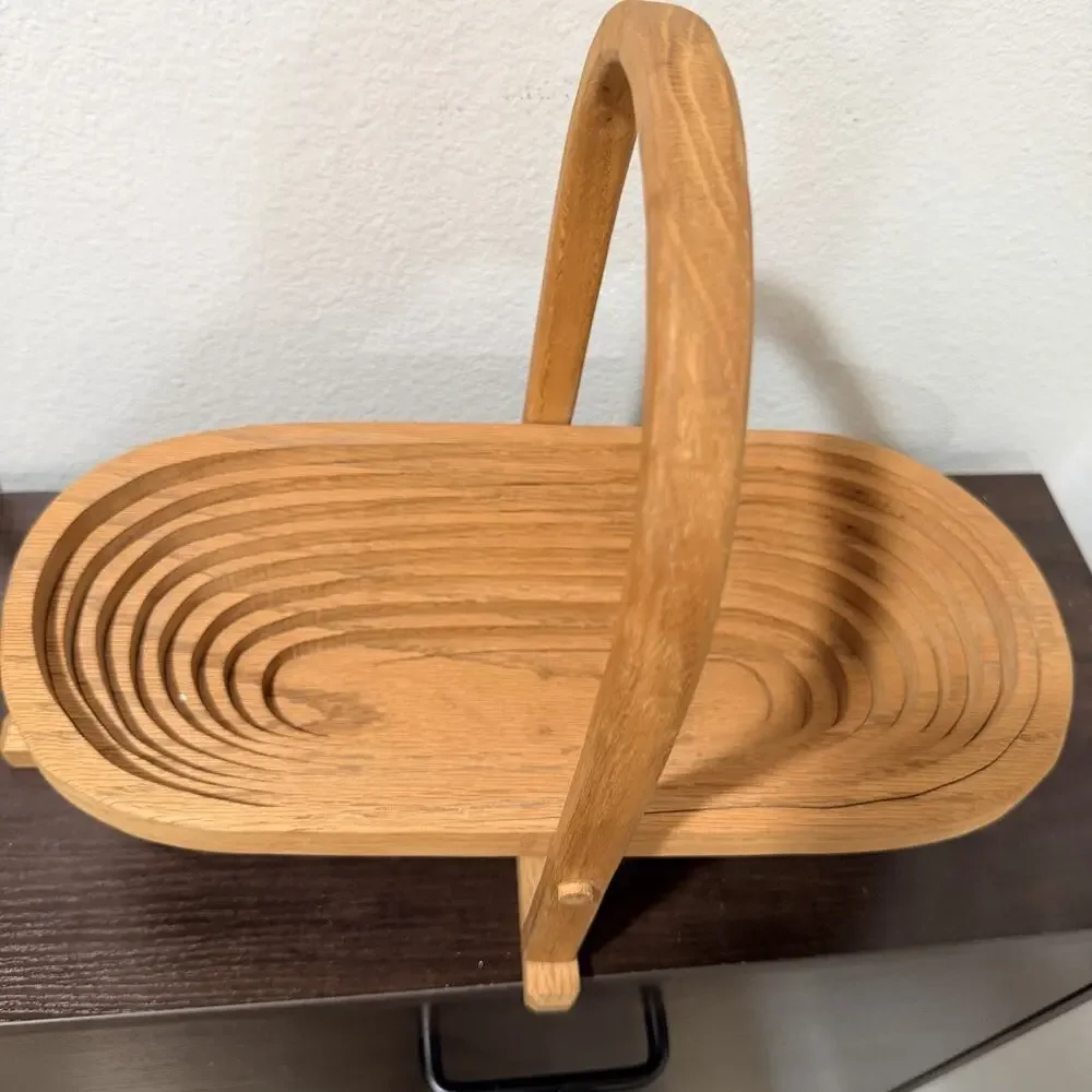 Vintage Wooden Fruit Basket- Folding- to fold flat Signed Huen Oshera